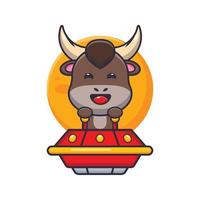 cute bull mascot cartoon character fly with ufo vector