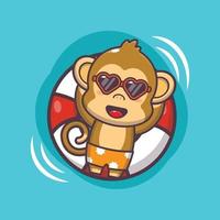 Cute monkey cartoon mascot character in sunglasses sleep on float vector