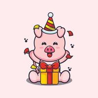 cerdo lindo en la ilustración de vector de dibujos animados de fiesta de cumpleaños