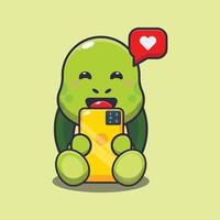 Cute turtle with phone cartoon vector illustration