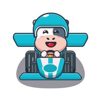 cute cow mascot cartoon character riding race car vector