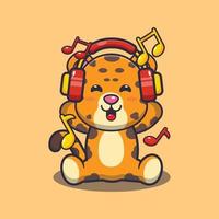 Cute leopard listening music with headphone cartoon vector illustration