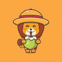 personaje de mascota de dibujos animados de león lindo beber coco fresco vector