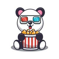 Cute panda eating popcorn and watch 3d movie vector