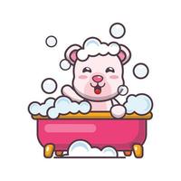 Cute polar bear taking bubble bath in bathtub cartoon vector illustration