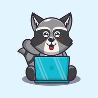 Cute raccoon with laptop cartoon vector illustration