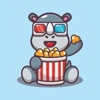 Cute rhino eating popcorn and watch 3d movie vector