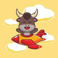 lindo toro mascota personaje de dibujos animados paseo en avión jet vector