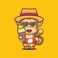 Cute monkey cartoon mascot character with ice cream on beach vector