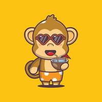 Cute monkey cartoon mascot character drink coconut vector