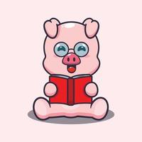 Cute pig reading a book cartoon vector illustration