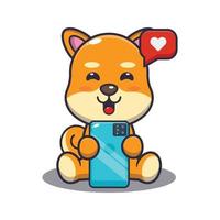 Cute shiba inu dog with phone cartoon vector illustration