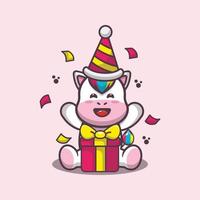Lindo unicornio en la ilustración de vector de dibujos animados de fiesta de cumpleaños