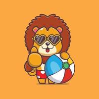 lindo personaje de mascota de dibujos animados de león en gafas de sol con pelota de playa vector