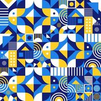 Vector graphic of geometry pattern design with dark blue, light blue, yellow, purple and white color scheme. Perfect for pattern of textile industry