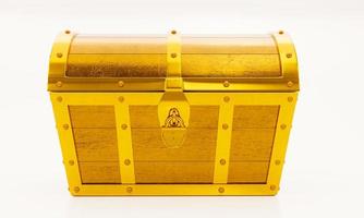 Treasure chest made of gold. Antique chest made of wood and metal, painted gold. Antique padlock locks the treasure chest. on a white background. 3D rendering photo