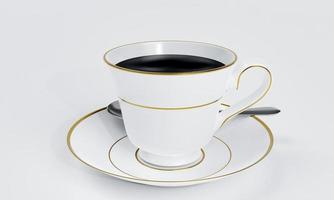 café negro en una taza de cerámica blanca con borde dorado y platillo sobre fondo blanco y papel tapiz blanco. representación 3d foto