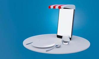 Conceptual images of online food ordering. Smartphone, white screen, blank. Set of empty plates, spoons, and forks with a glass of water and water. Gradient blue background. 3D rendering. photo