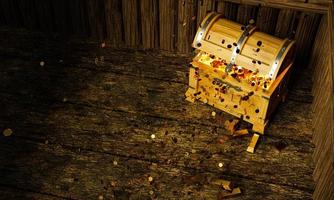Numerous gold coins spilled out from the treasure chest. Old-style wooden treasure chest tightly assembled with rusted metal strips. Golden Coin and bar on floor. 3D Rendering photo