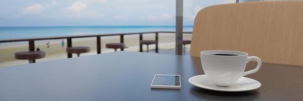 Black coffee in a white mug on a marble patterned table. The coffee shop or restaurant has a balcony overlooking the beach. Sea and beach view Blue sea and clear sky. 3D Rendering photo