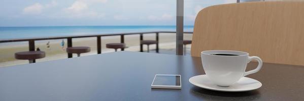 café negro en una taza blanca sobre una mesa de mármol. la cafetería o el restaurante tiene un balcón con vistas a la playa. vistas al mar y la playa mar azul y cielo despejado. representación 3d foto