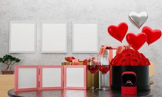 White blank photo frame Put on a table with a gift box and a glass of wine For the celebration of the couple. A red rose to give to your lover. Heart shaped balloons as background.3D Rendering