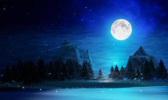 Wide grasslands with pine trees and mountains alternate in background. Full moon night bright stars are filling the sky. Night mountain scenery with fireflies flying above the ground. 3D Rendering photo