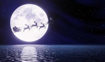 silueta santa y renos volando en el cielo oscuro con luna llena y muchas estrellas. el concepto de nochebuena. la superluna se refleja en el mar. una ola del océano a la isla. representación 3d foto