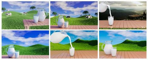 Set of Fresh milk in clear glass and milk jug on the reflective plank floor. Bright green grassland cows are walking freely and enjoying eating grass. Clear blue sky with white clouds. 3D rendering photo