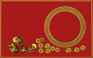 Golden coin and gold ingots of Chinese on red background  copy space in Happy chinese new year concept. 3D Rendering. photo