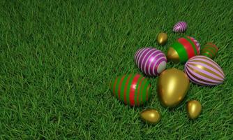 Overhead view of colorful Easter eggs  background of grass. Flat lay style. 3D rendering use for background and wallpaper. photo