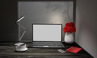 Computer Labtop white screen on wooden surface table. Black coffee in white mug. Red roses in white vase. Concept and copy space for  working desk. 3D Rendering. photo