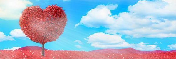 Big tree in the middle of the meadow. Heart shape in Valentine's Day concept. Romantic. Intricate low mountain meadows. The grass is red, the sky is bright. 3D rendering. photo