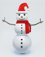 Three snowman wearing red wool hats with white fur. Wrap it up with a red scarf. Arms made with branches placed on the ground and white wallpaper. 3d rendering. photo