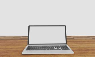 Computer Notebook or labtop white and blank screen on wooden surface table. White background or wallpaper. 3D Rendering. photo