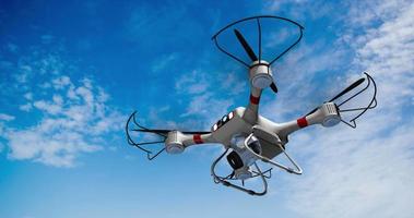 4 propeller drone equipped with camera stabilizer flying under a blue sky with its camera rotating its axes while taking photos. 3D Animation video