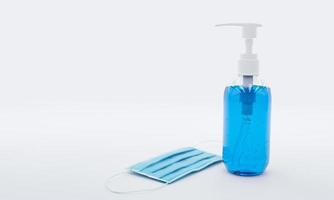 Blue surgical mask or  face mask  with alcohol gel for hand wash  in pump bottle on white background. 3D rendering. photo