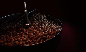 granos de café frescos en un horno tostador. para secar o tostar granos de café. antes de ser molido en polvo para hacer café recién hecho. representación 3d foto
