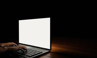 The hand of a person using a notebook or laptop, a blank screen, white, dark background, blacklight shines down on the hand. Mystery operation or hacker.3D Rendering photo