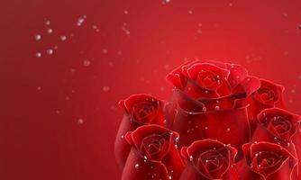 rosa roja sin tallos y hojas sobre fondo rojo. la rosa tiene gotas de agua deslumbrantes y burbujas flotando detrás de ella. representación 3d foto