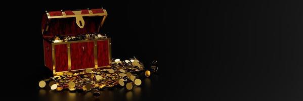 Numerous gold coins spilled out from the treasure chest. Old-style wooden treasure chest tightly assembled with rusted metal strips. 3D Rendering photo