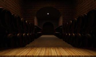 barriles de madera para la fermentación del vino. espacio para almacenar múltiples tanques de fermentación de vino. la pared de ladrillo es de color rojo anaranjado. representación 3d foto