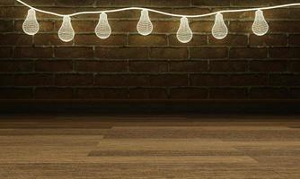 Glowing wireframe blub  on Brick wall background and wooden floor. photo