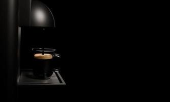 Espresso coffee machine Glossy black and shiny metal. Coffee is pouring into a clear coffee cup. Placed on a silver metal grate In the black background. 3D Rendering photo