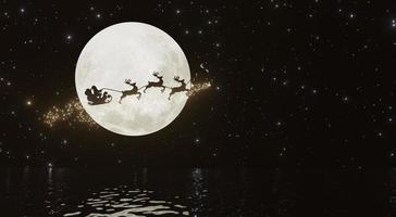 silueta santa y renos con brillo mágico dorado volando en el cielo oscuro con luna llena y muchas estrellas. concepto para la víspera de Navidad. foto