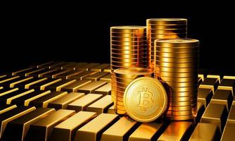 la moneda de oro tiene un símbolo de bitcoin. criptomoneda el formato de la moneda se apila sobre un fondo negro. criptomonedas para el comercio de productos básicos, negocios, tecnología. representación 3d foto