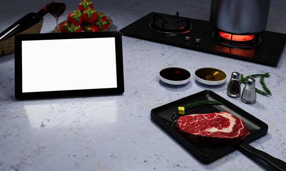 Learn to cook online. How to cook food and recipes from the internet. Meat for cooking steak on the pan. There is butter and pepper. Computer or tablet for studying online in the kitchen. 3D Rendering photo