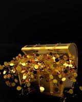 Many distribute gold coins flew from the treasure chest. A treasure chest made of gold, luxurious, expensive. An ancient treasure box opened with gold coins ejected. 3D Rendering. photo