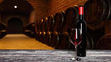 Red wine bottle and clear glass with red wine Put on a wooden table surface With many wine fermentation tanks placed close to the red brick wall. 3D Rendering photo