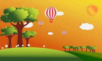 vector of summer hill and fields with  trees and  balloon in the sky photo